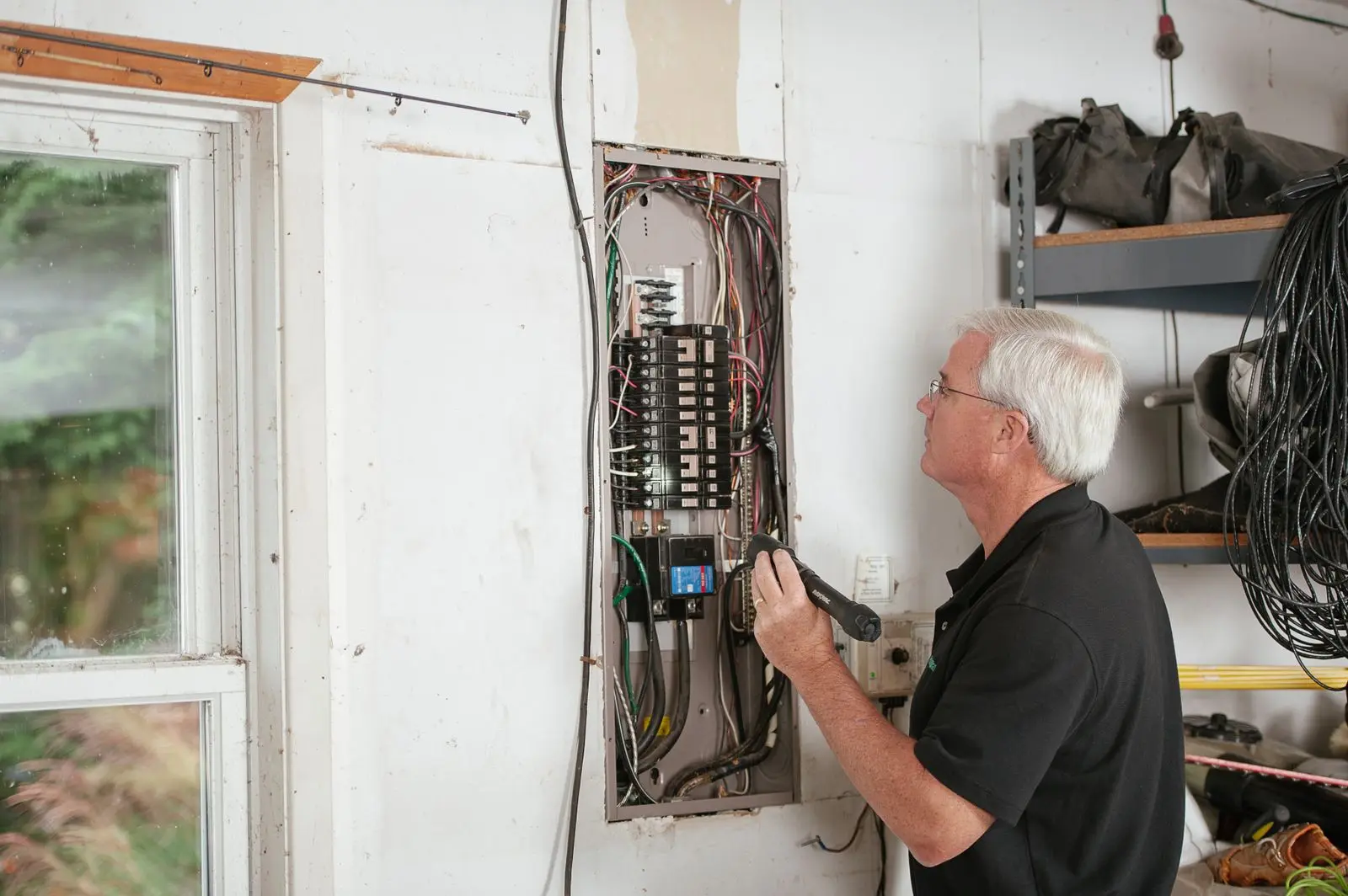 Technician checking a residential electrical panel